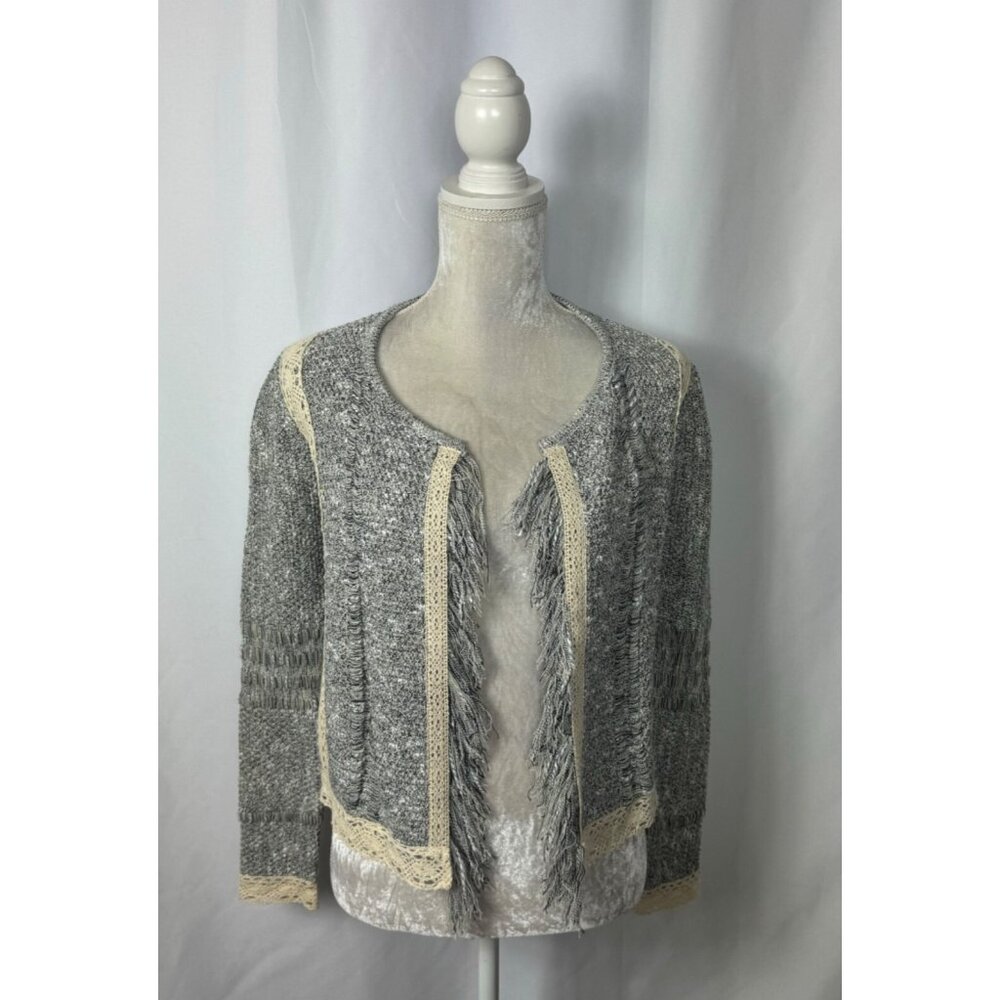 Mary McFadden Marled Grey Open Front Cardigan Sweater Fringed Distressed Boho XS